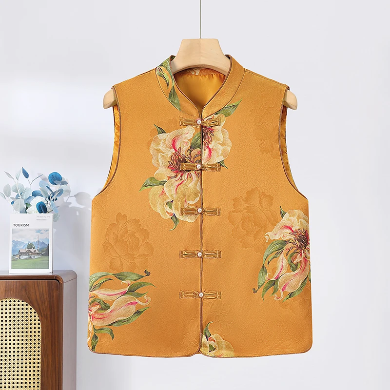 新中式国风盘扣马甲外套女2025春季新款复古提花背心马夹坎肩上衣