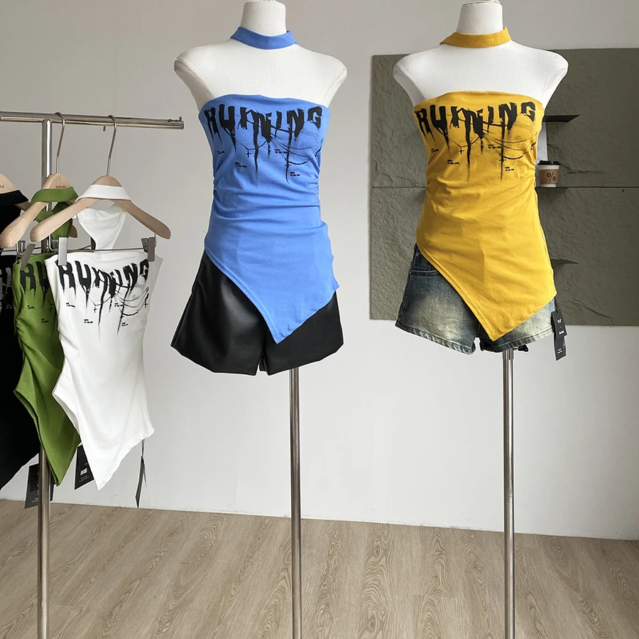 2025夏季新款美式辣妹纯色字母印花挂颈吊带女收腰自带胸垫上衣潮