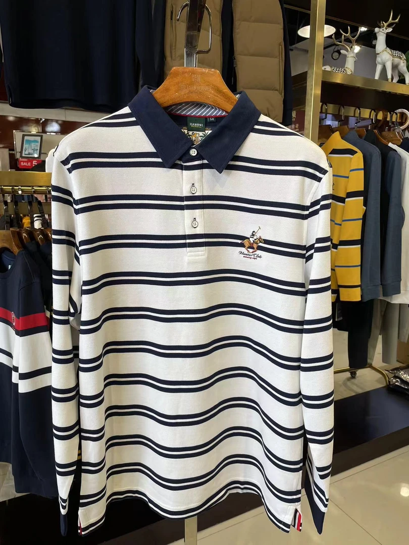 男士长袖条纹休闲翻领POLO衫C152
