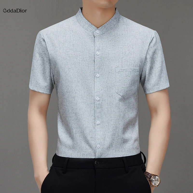 Edda Dior法国轻奢品牌国风立领短袖衬衫夏季男士衬衣高档休闲薄