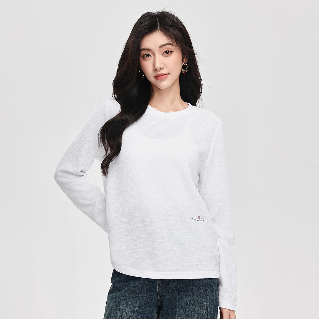 【双12提前购】茵曼26春季基础纯色宽松长袖白T恤百搭显瘦绣花上衣