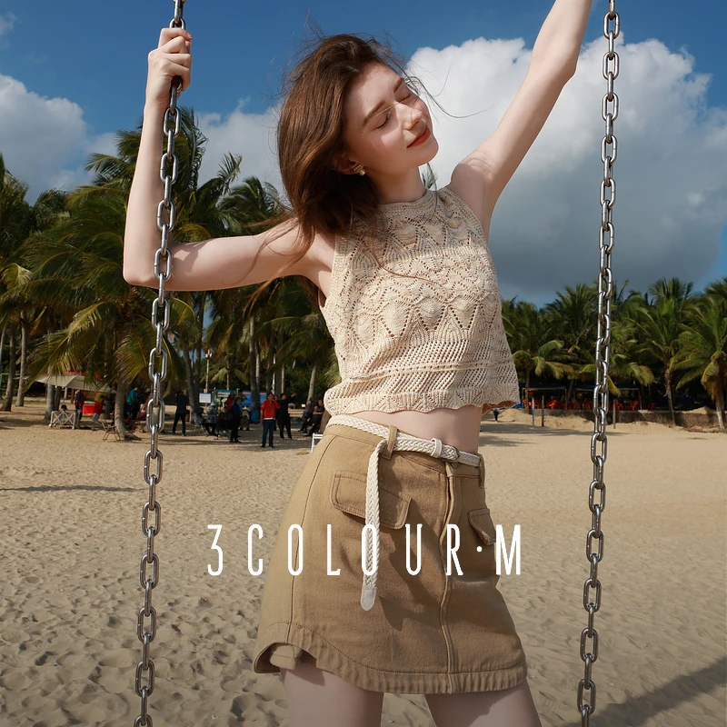 三彩2025夏季新款晕染镂空针织背心圆领无袖上衣短款度假M