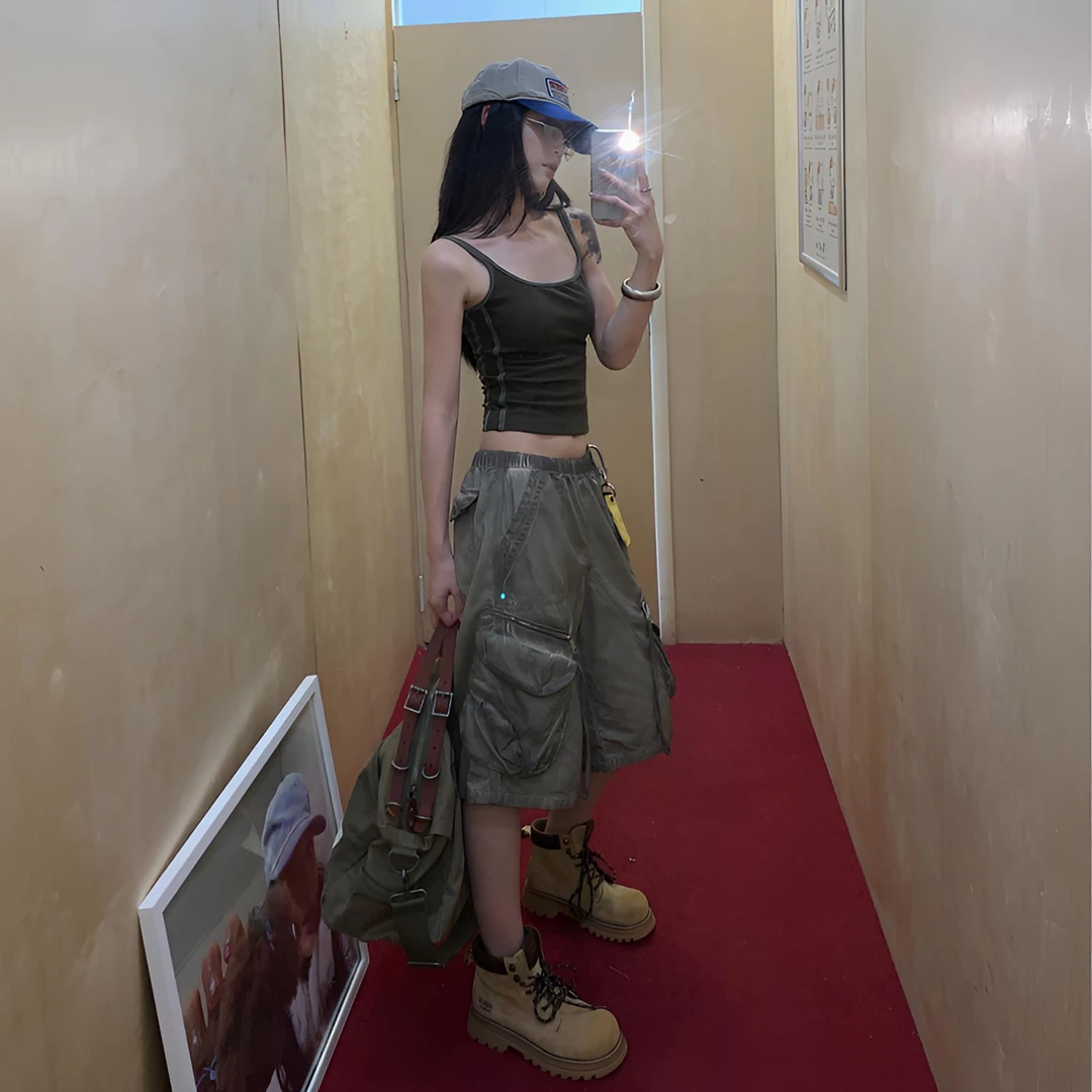 杨九七 美式多口袋工装短裤女夏季宽松松紧腰阔腿五分休闲裤 7909