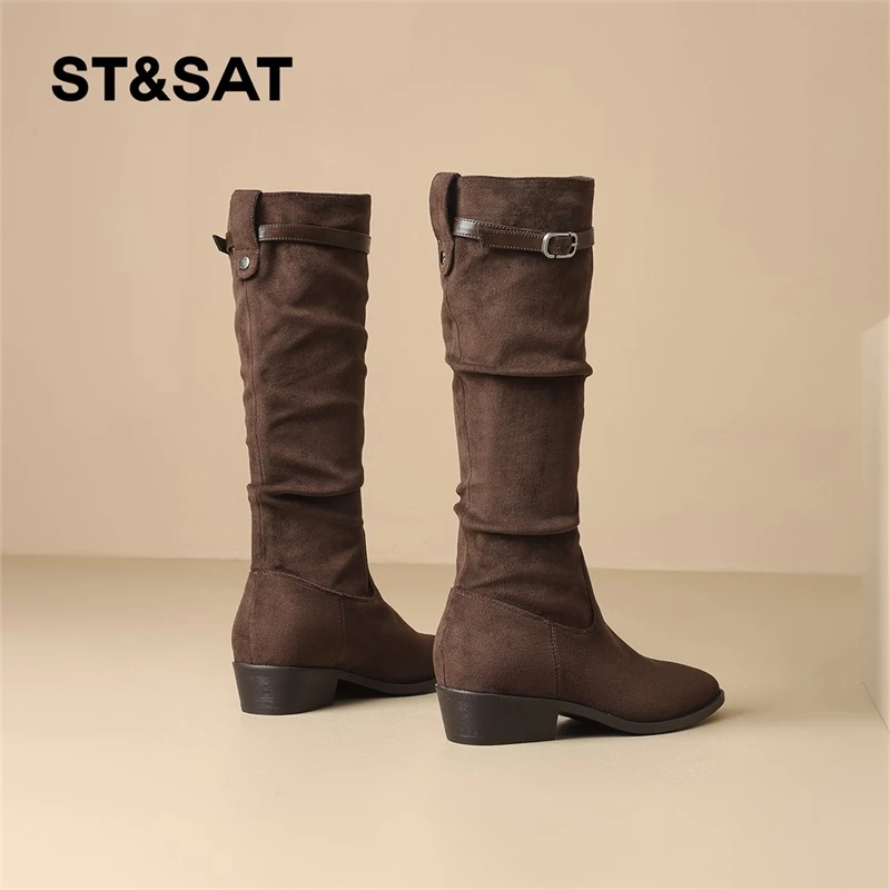 星期六棕色时装靴女2025年新款秋季粗跟显瘦中筒靴爆款西部牛仔靴