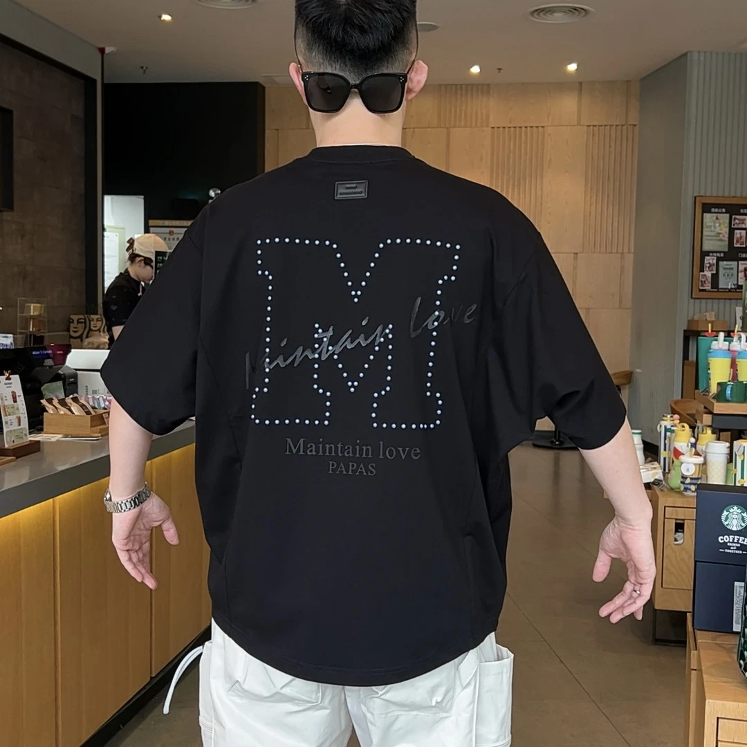 DB 男装夏季新款美式蝙蝠短袖情侣款字母钉珠设计百搭T恤男-8019