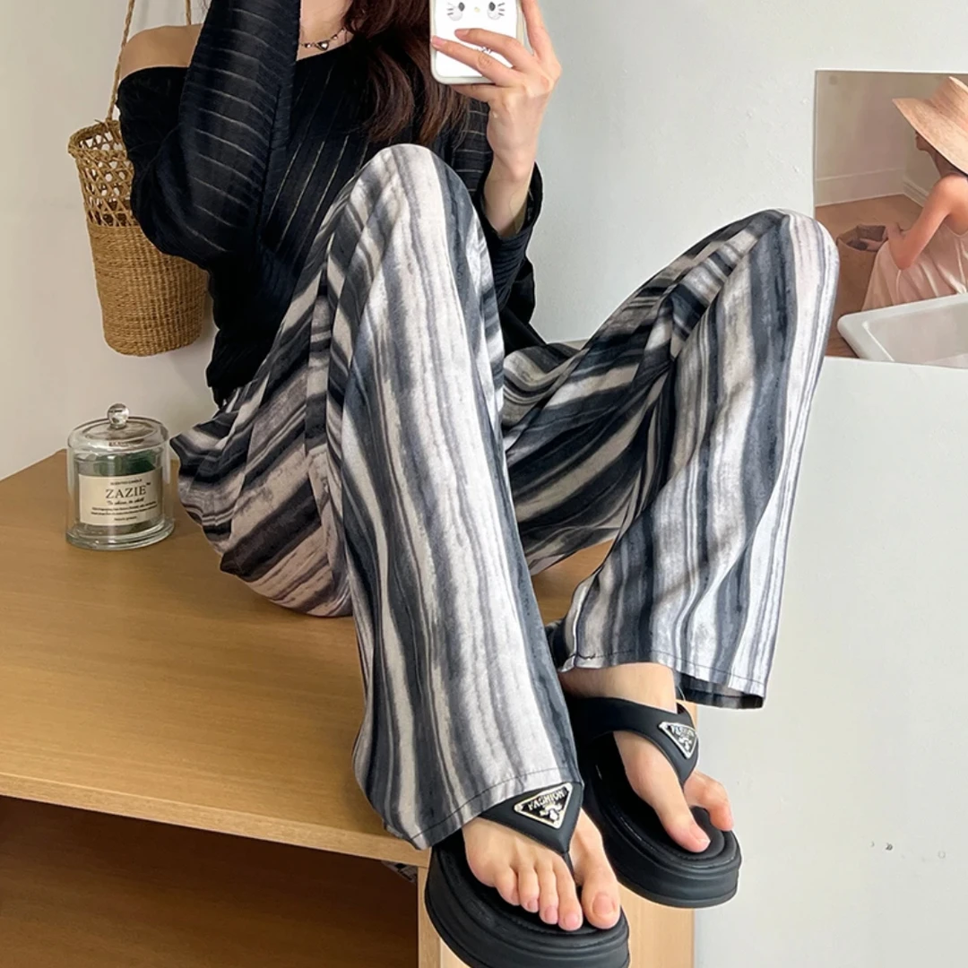 棉绸新中式水墨人棉阔腿裤女春夏宽松直筒中高腰垂感慵懒睡裤