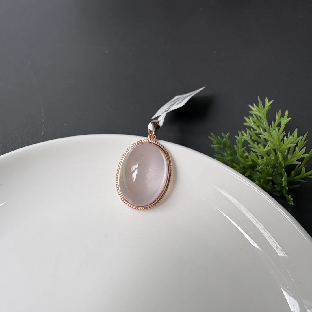 粉晶蛋面吊坠（S925银镀玫瑰金镶嵌）约15*20mm