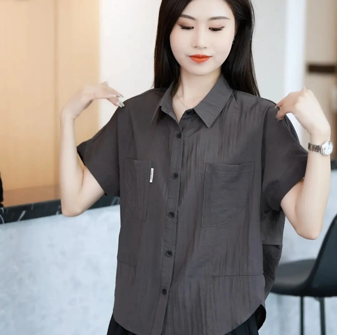【运费补贴】2025早秋冰凉丝薄款女士短袖衬衣百搭宽松显瘦休闲小衫