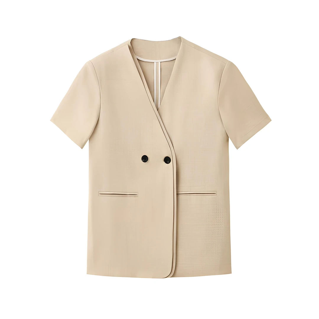 高级感V领双色麻西装外套女宽松显瘦极简气质半袖西服上衣2556