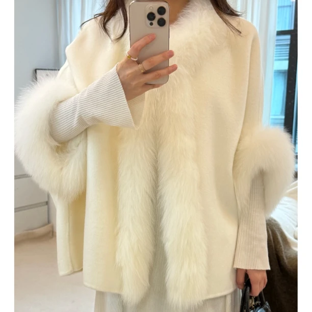 冬季短款羊毛大衣双面呢领气质氛围感皮草斗篷式毛呢外套女