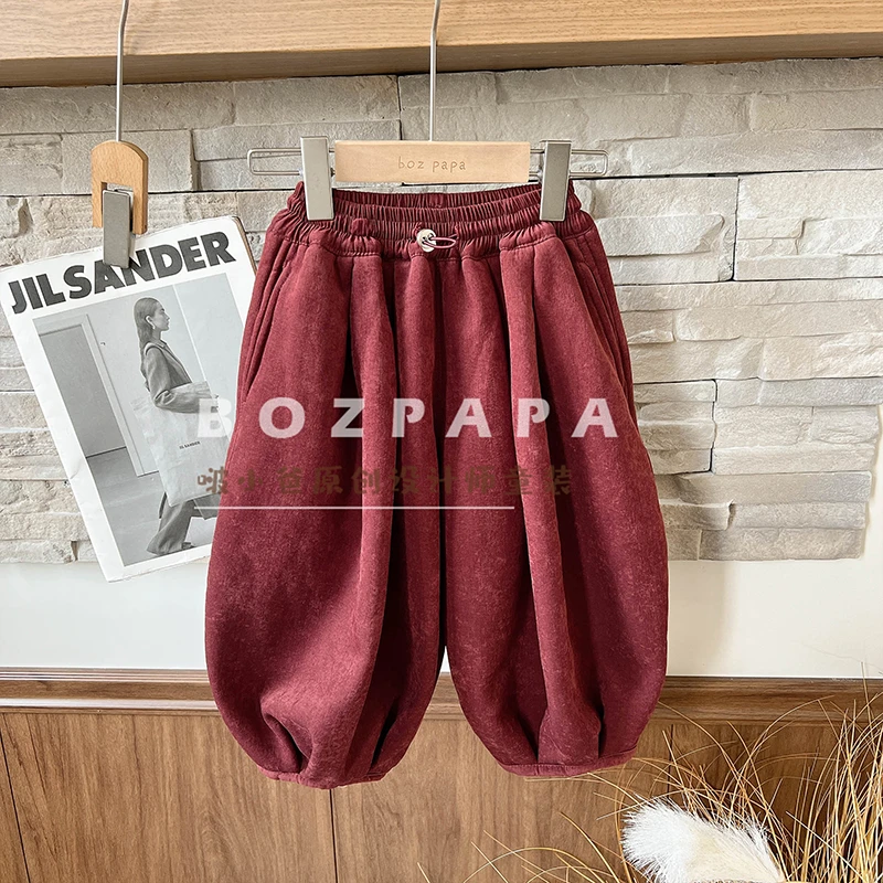 啵小爸【星芒云絮】2025冬款红色时尚男休闲柔绒亲肤酒红加绒束脚裤