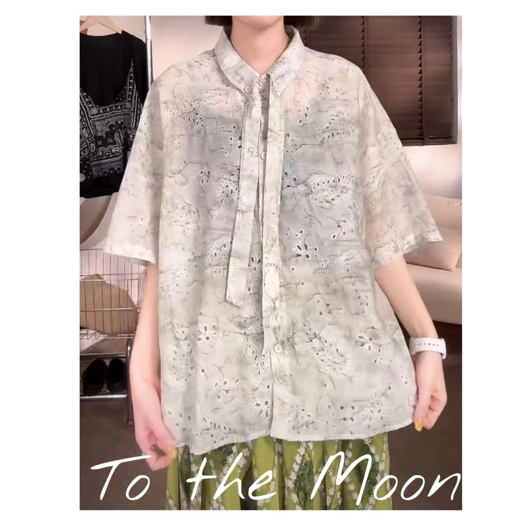 UpSd 原创【生命力】丝巾衬衫飘带腰果花宽松夏季潮流设计领衬衣