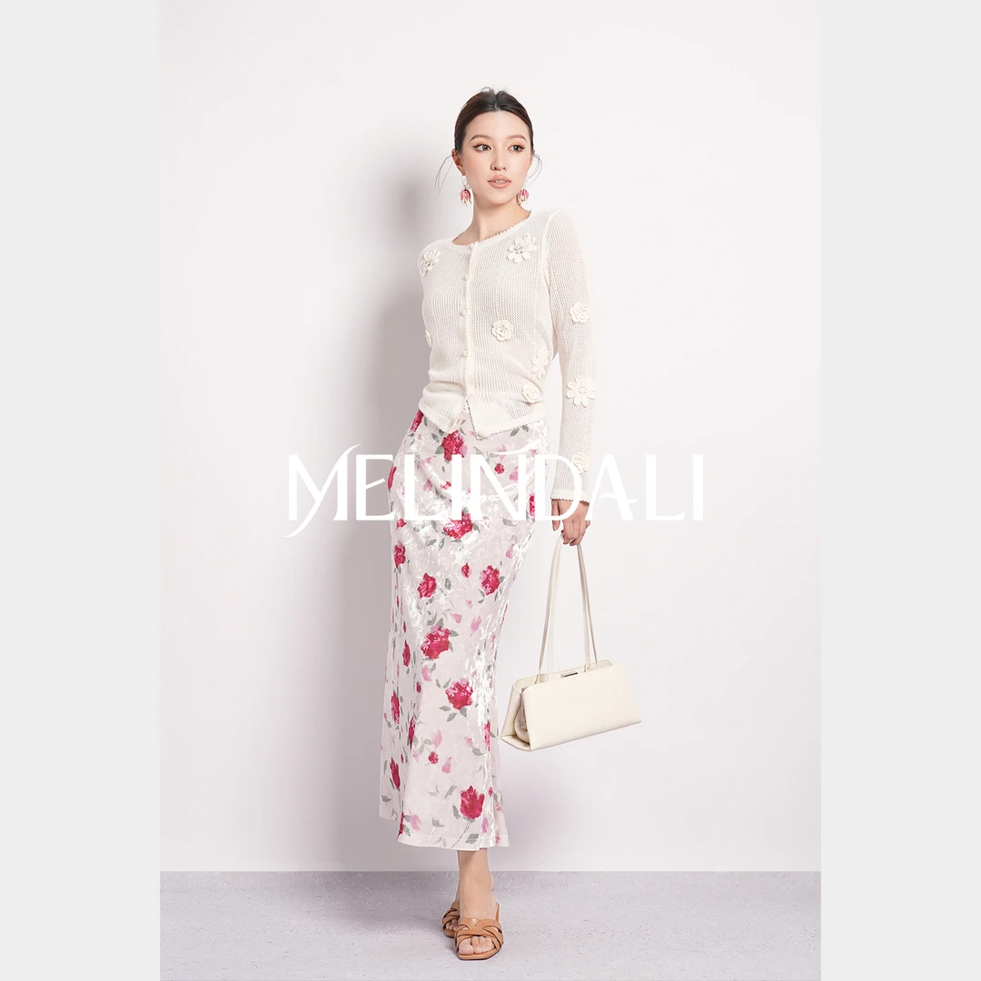 Melinda Li【白雪玫瑰】优雅气质弹力丝绒橡筋腰玫瑰印花修身半身裙