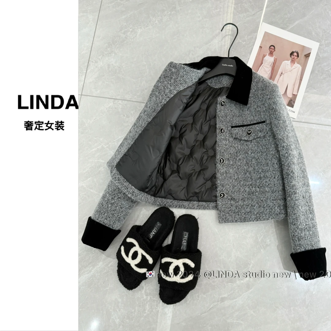 【罗马高级灰 现货】加绒加厚定制高级灰拼接撞色丝绒小香风上衣女