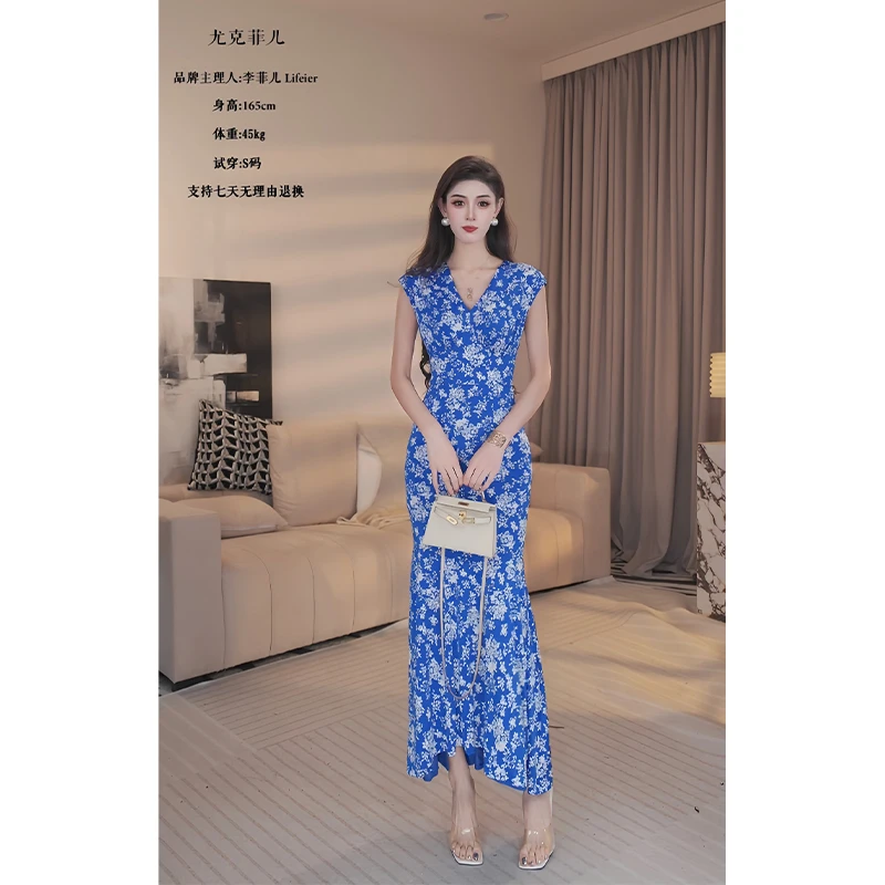 尤克菲儿 轻奢高定冰丝印花显瘦修身优雅气质碎花连衣裙