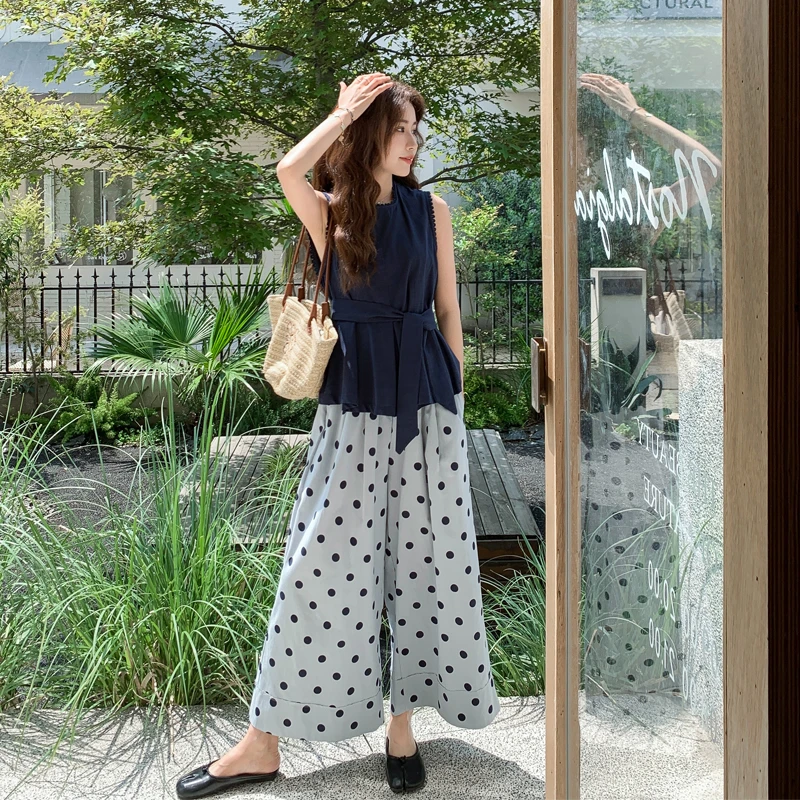 复古波点无袖上衣阔腿裤套装2025女夏新款小众森系松弛感两件套潮