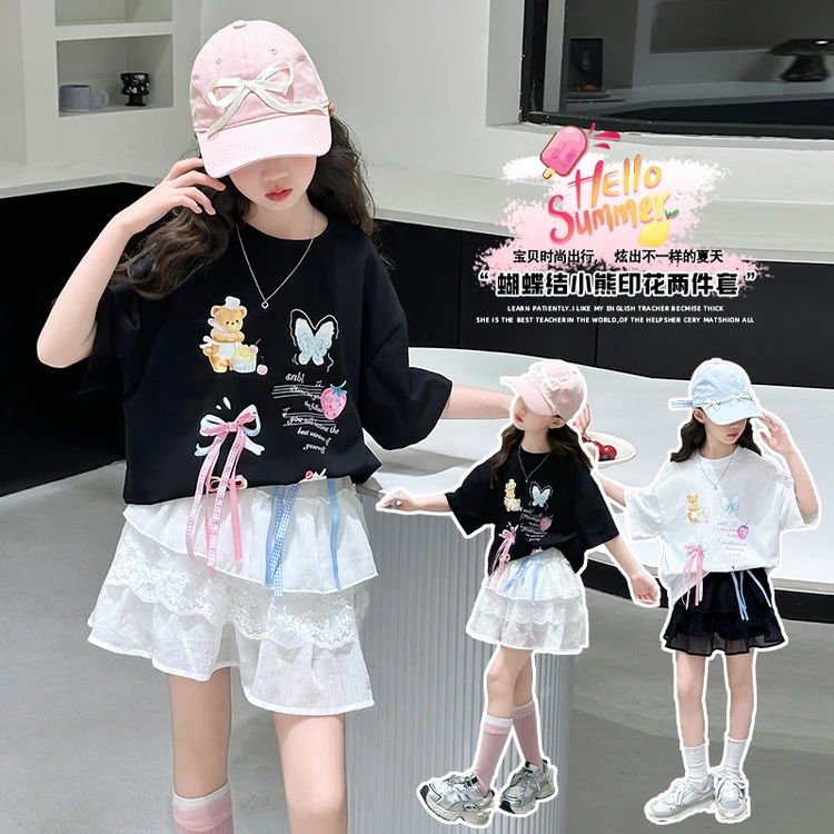 女童短袖套装2025新款儿童洋气韩版卡通t恤小女孩白色短裙两件套