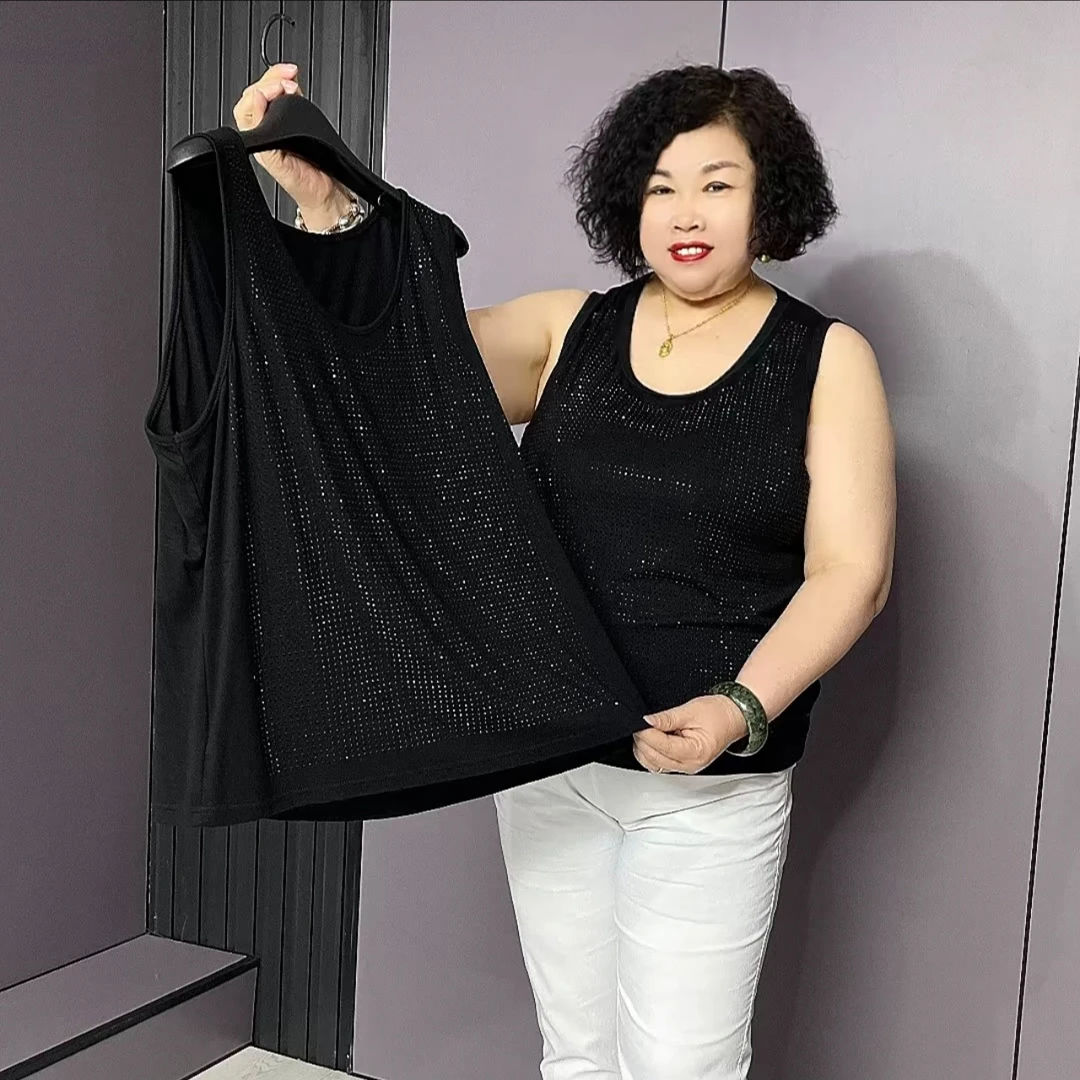 1552大码女装四季可穿时尚百搭遮肉显瘦超大弹力前满钻打底背心