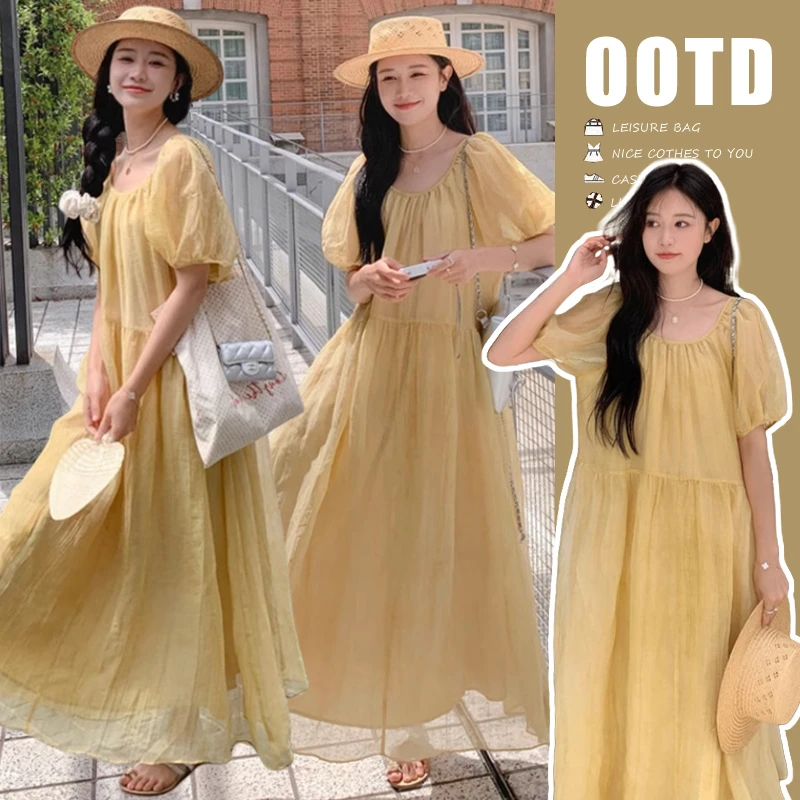 孕妇装韩版显瘦时髦洋气夏季松绝美法式泡泡袖仙气长裙孕妇连衣裙