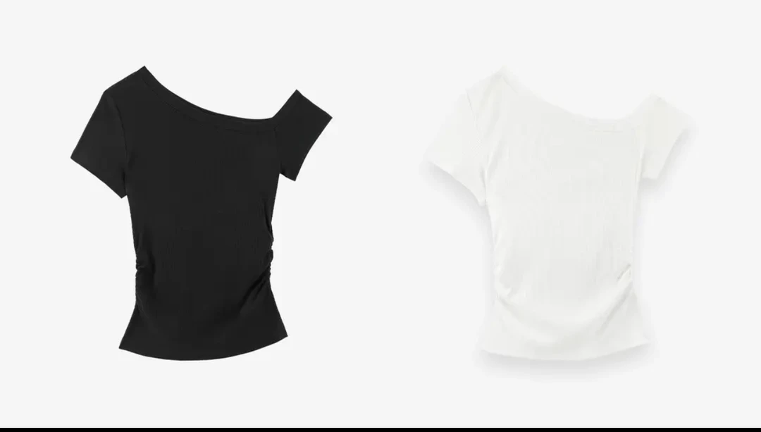 深圳南油原创2025新款竖纹斜肩黑白两色短袖T恤250429