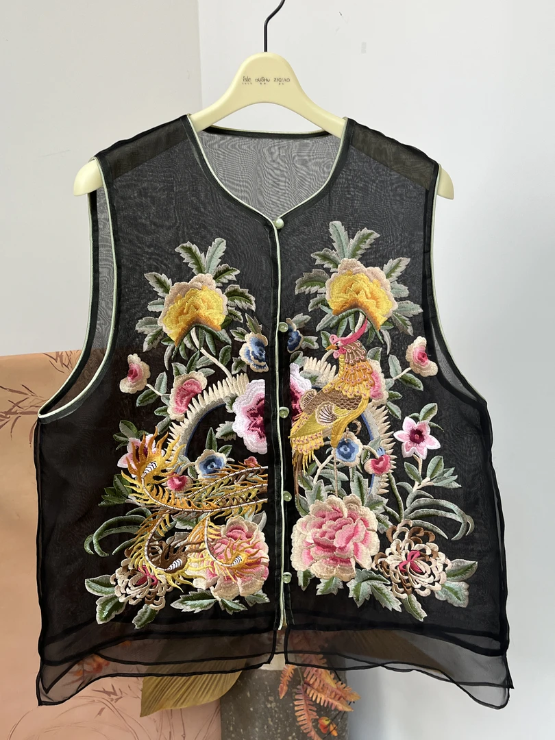 大码桑蚕丝欧根纱绣花真丝马甲[凤凰牡丹]