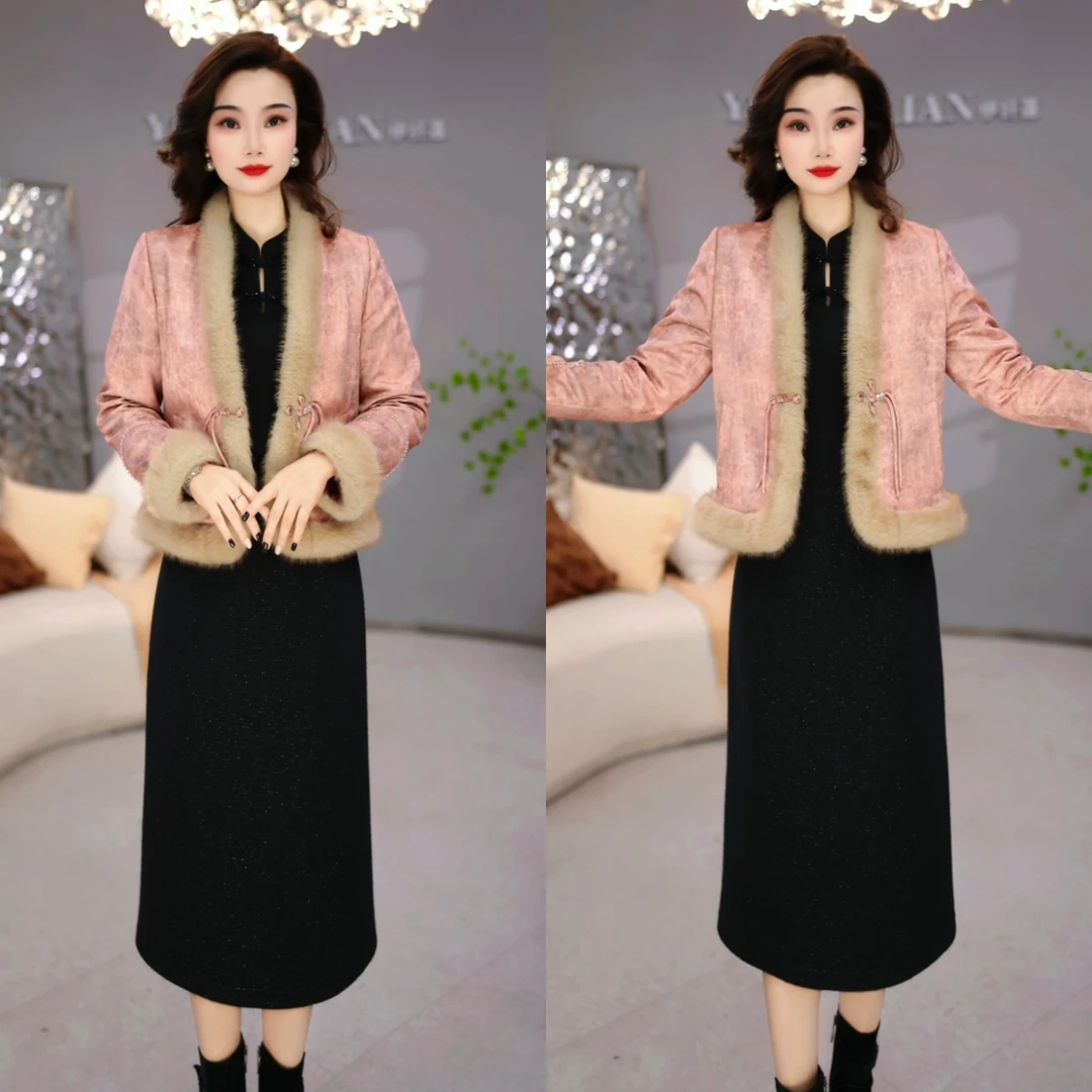 外套+连衣裙 2025冬季新中式带毛领贵气轻奢时尚气质套装裙M-4XL
