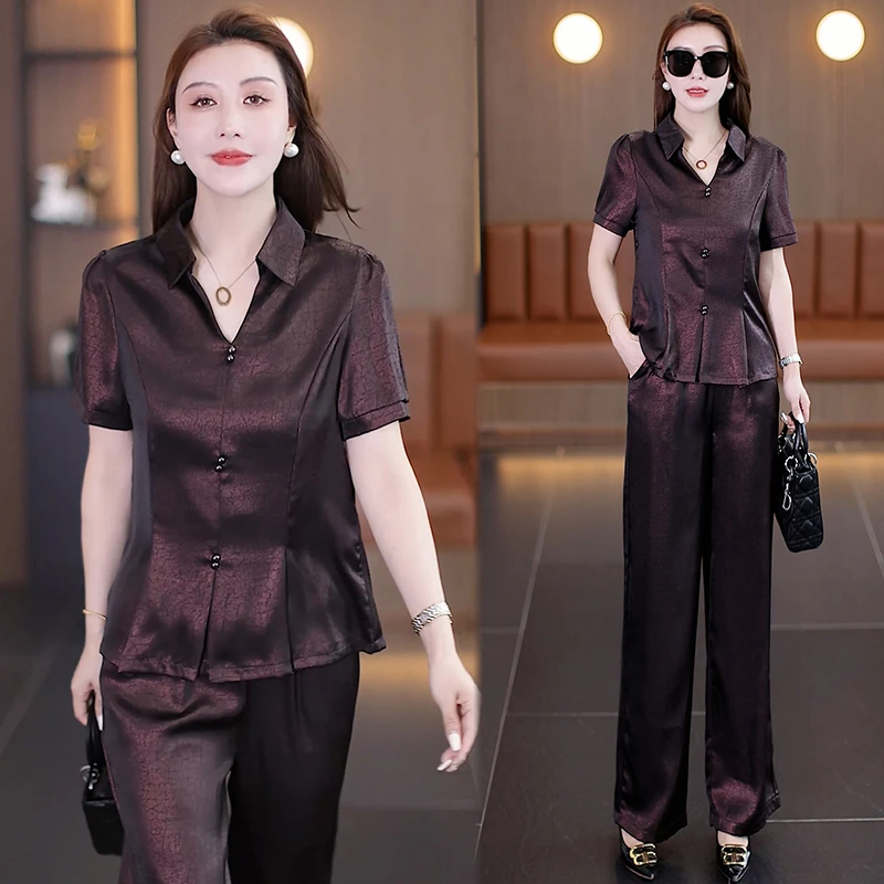 时尚国风短袖套装女2025夏新款气质减龄洋气百搭上衣直筒裤两件套