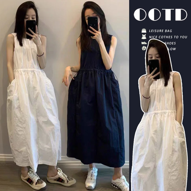 孕妇连衣裙白色无袖连衣裙女气质夏季新款独特抽绳收腰背心长裙子