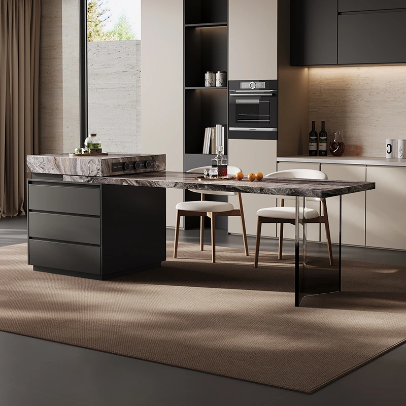 伊舟新威尼斯棕高端岩板客厅餐桌家用轻奢可伸缩岛台餐桌一体饭桌