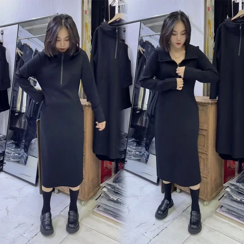 2025简约秋季休闲长袖连衣裙连帽时尚新款气质拉链显瘦宽松长裙