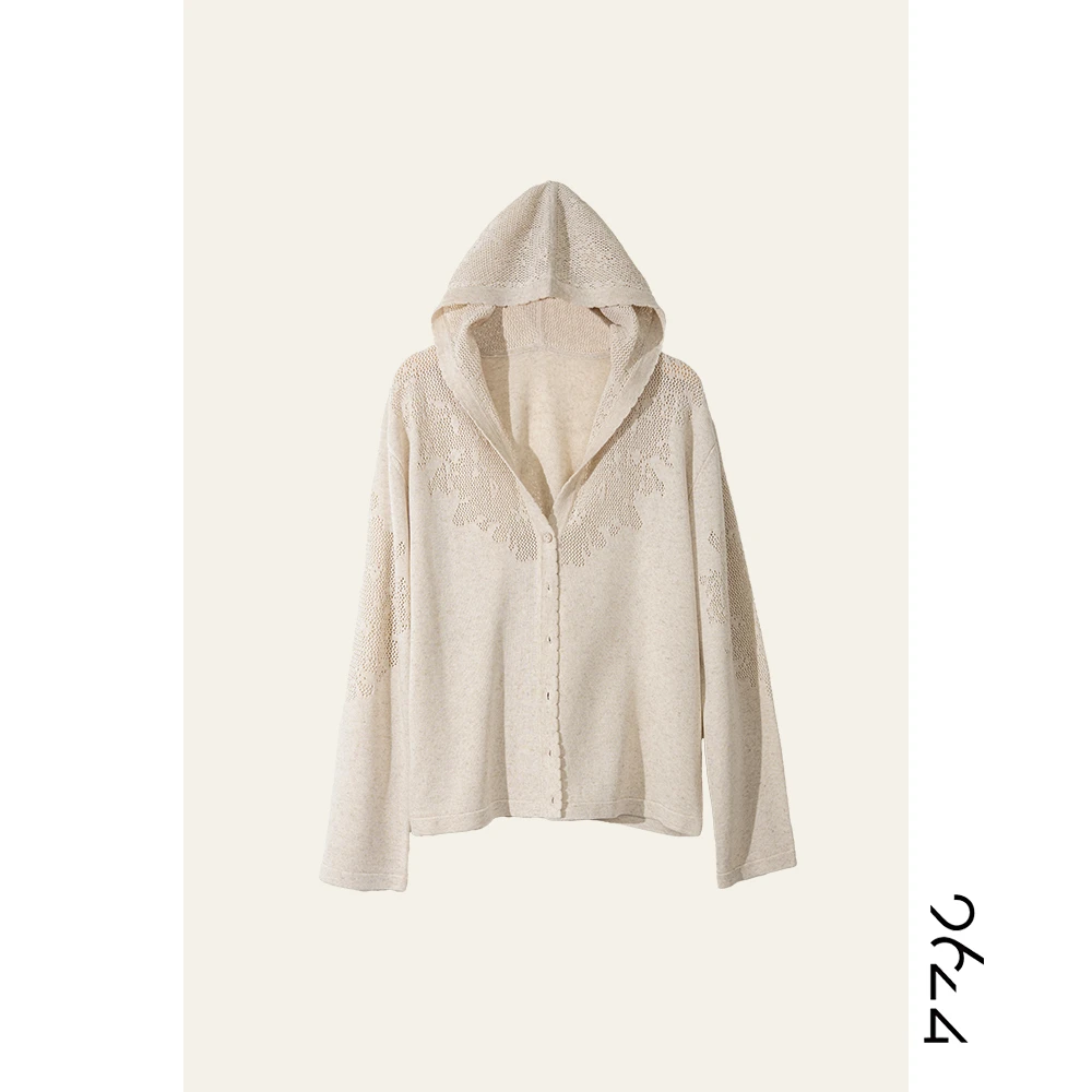 【稻草人】天丝+亚麻镂空重工提花！早秋连帽女装针织衫开衫8148