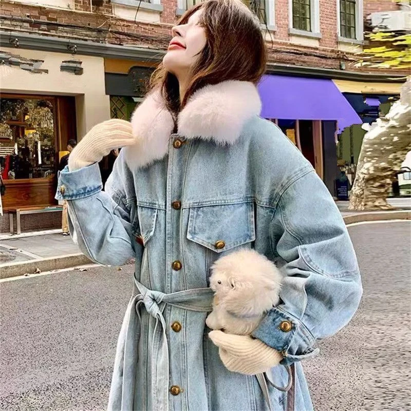 冬季2025新款仿狐狸毛牛仔外套女加绒加厚保暖派克服毛领百搭棉服
