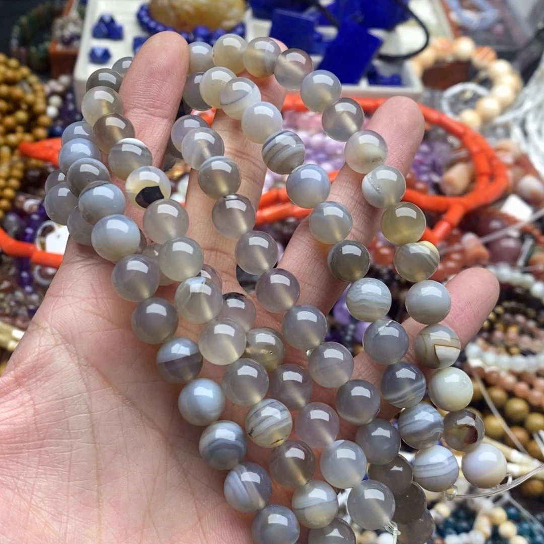 玛瑙/玉髓未镶嵌珠宝半成品一条10mm天然蚕丝灰玛瑙C75