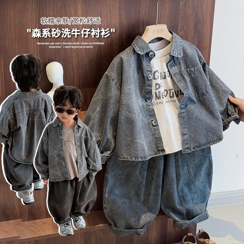 《春上新》韩版复古男童女童翻领牛仔衬衫25CL848新款衬衣洋气外套