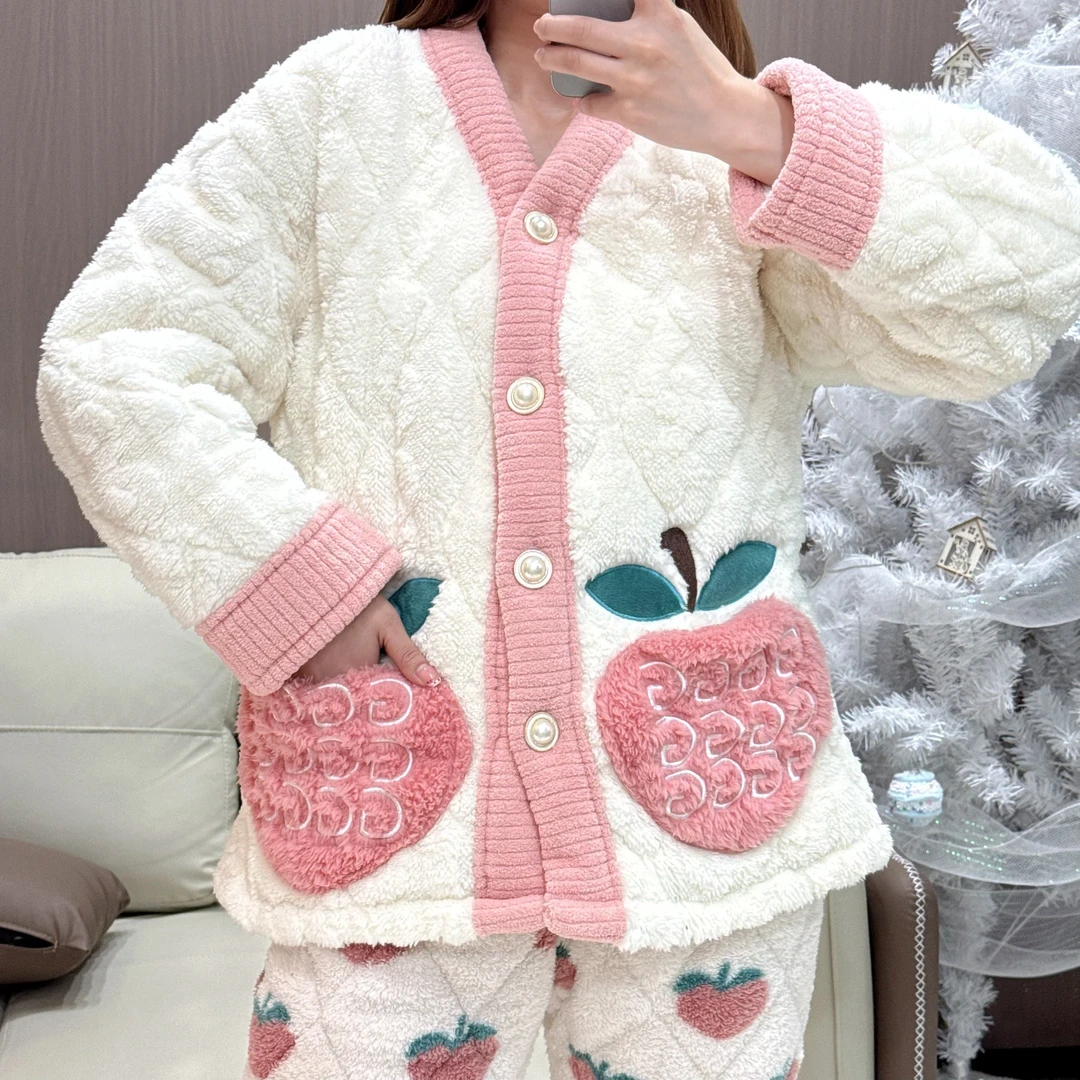 水蜜桃 三层夹棉加厚加绒冬款女士睡衣家居服套装珊瑚绒法兰绒