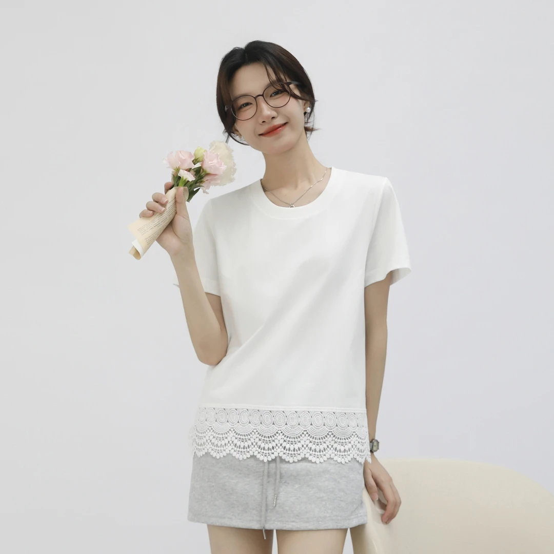休闲显瘦白色女士蕾丝遮臀打底T恤短袖打底蕾丝慵懒风江南风宽松