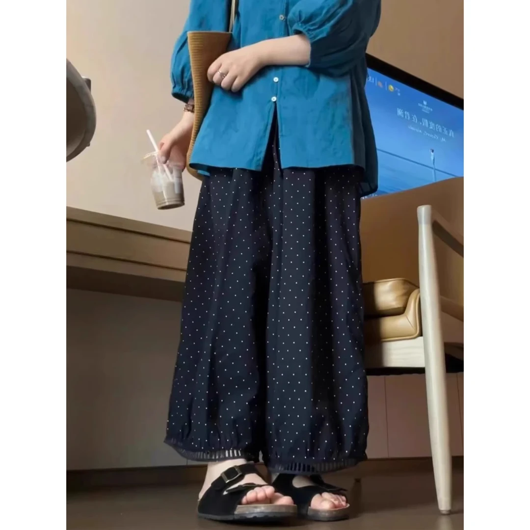 藏青色波点镂空阔腿裤女夏薄款大码胖mm高腰宽松显瘦小个子灯笼裤