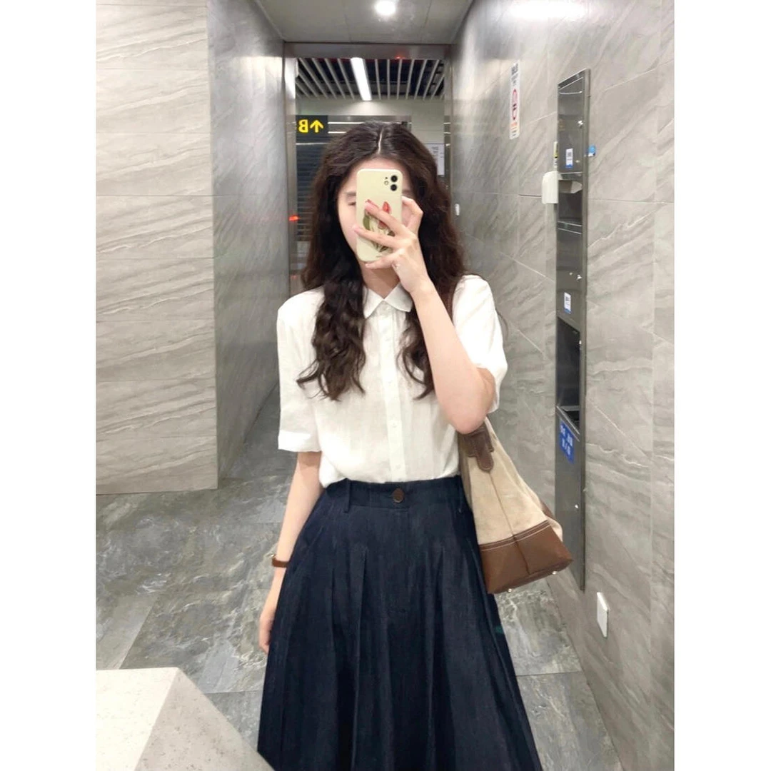 2025女士时尚夏装Polo领短袖衬衫小众百搭衬衣宽松半身裙休闲裙