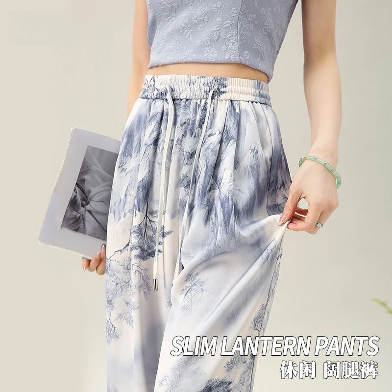 新中式直筒冰丝裤女夏季爆款山水画气质垂感不贴腿窄版显瘦阔腿裤