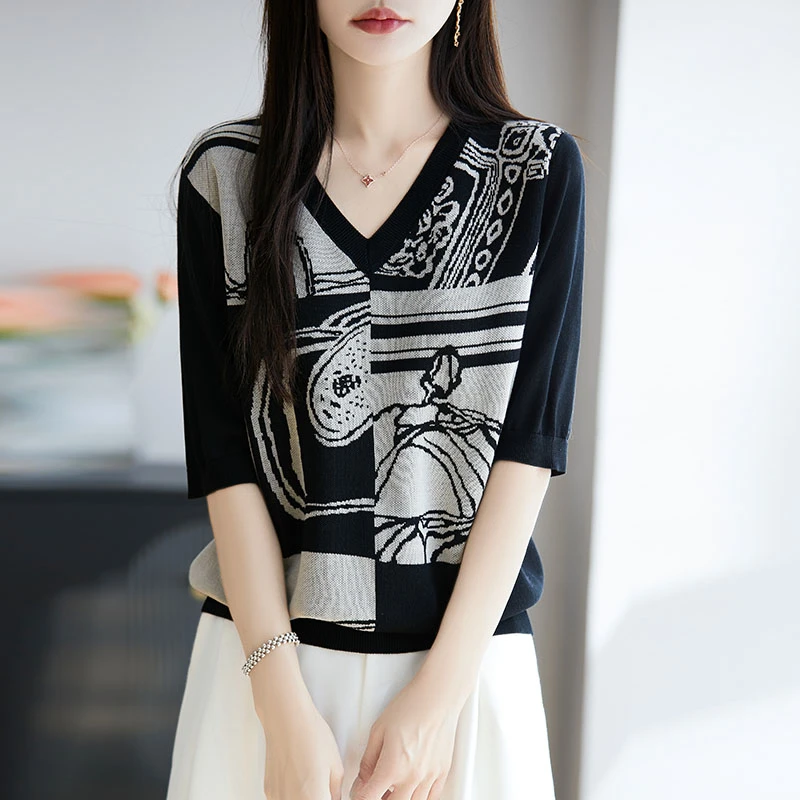 夏季2025新款宽松V领短袖t恤女士胖mm大码冰丝针织衫减龄拼色上衣