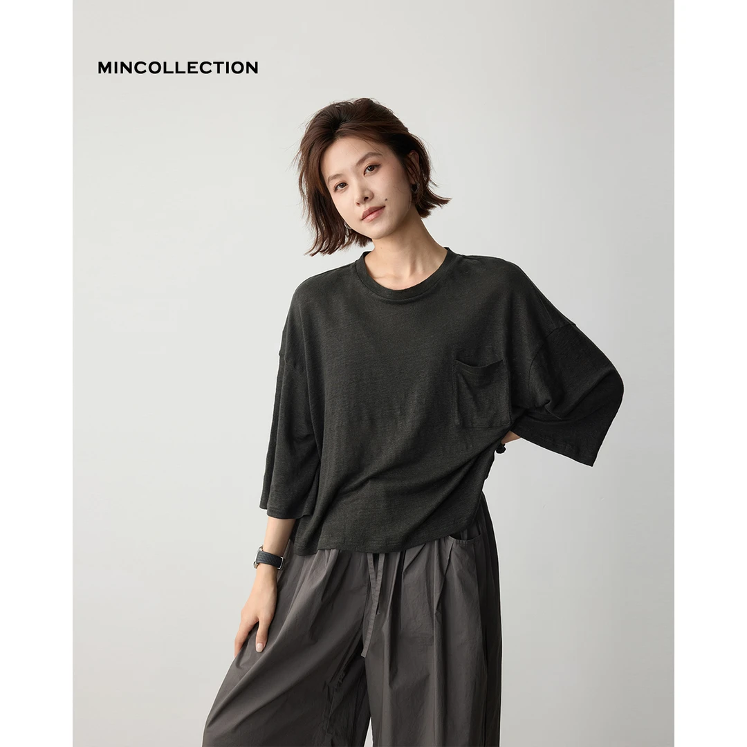 DE Mincollection亚麻口袋T/脏染做旧全亚麻宽松七分袖T恤55058