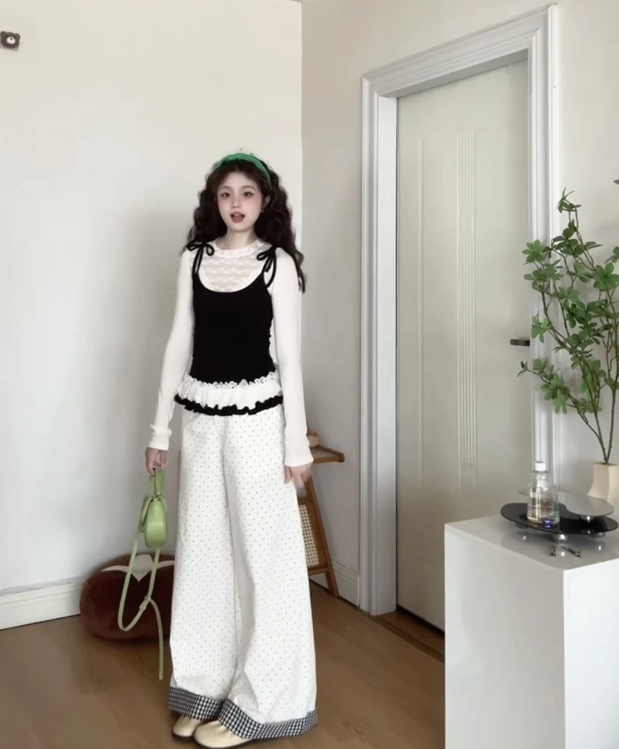2025春秋新款设计假两件花边蕾丝吊带针织衫女波点阔腿长裤两件套