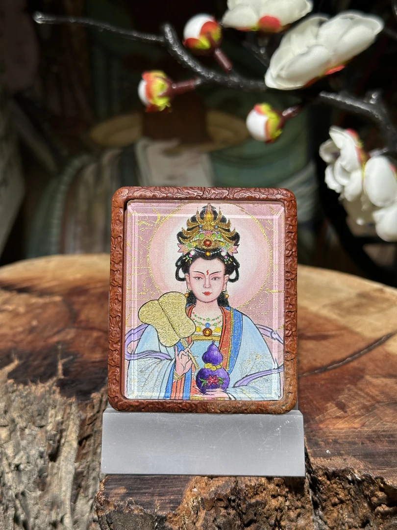 「纯手绘」狐仙娘娘+九尾真身 双面道家唐卡枣木镶银纯手工吊坠摆件