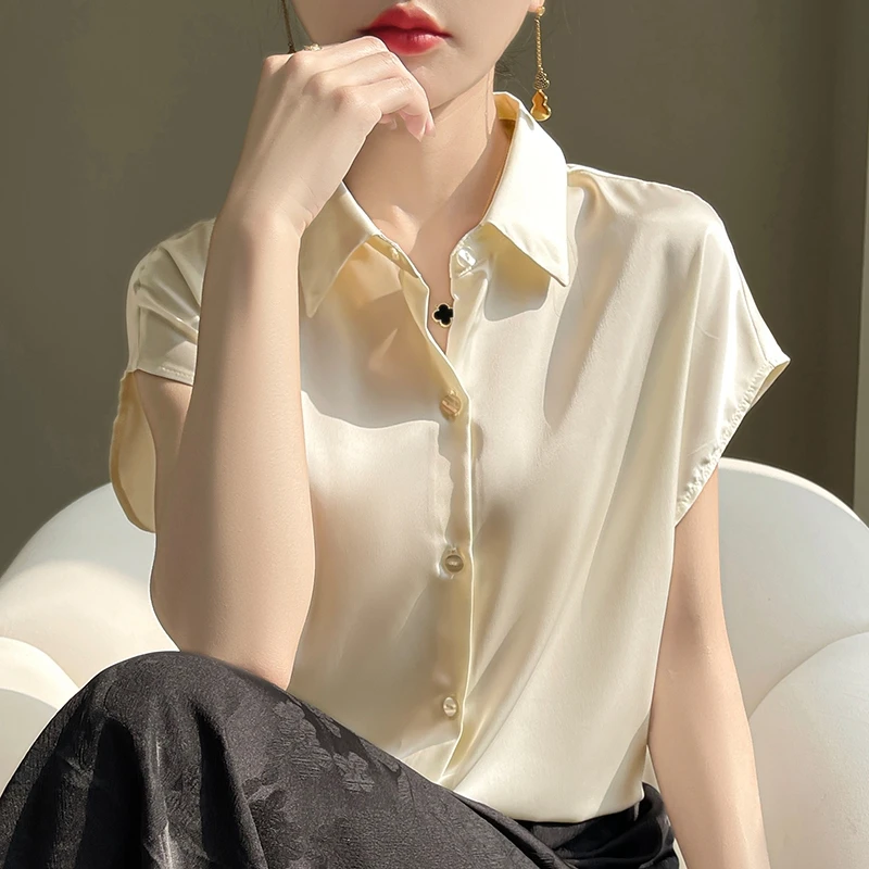 夏季新款缎面女衬衫T恤款式百搭上衣背心短袖丝绸纯色1