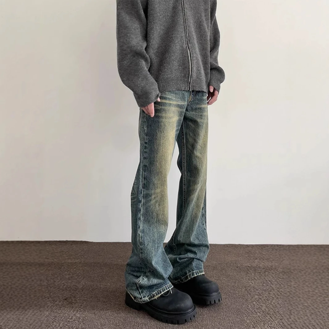 高街水洗做旧牛仔裤男美式复古cleanfit微喇裤潮牌直筒显瘦长裤子