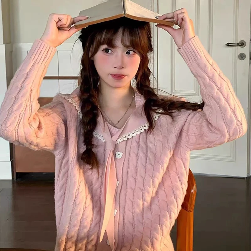 2025秋冬新款学院风领单排扣针织衫两件长袖毛衣显瘦开衫外套上衣