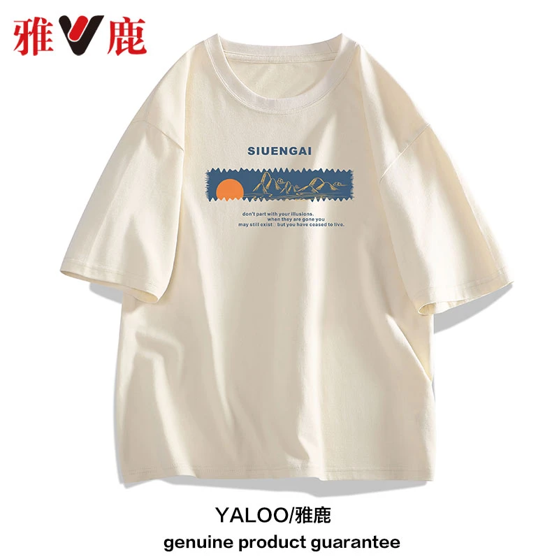 雅鹿纯棉短袖T恤男款男士夏季吸汗休闲宽松上衣百搭潮牌男女