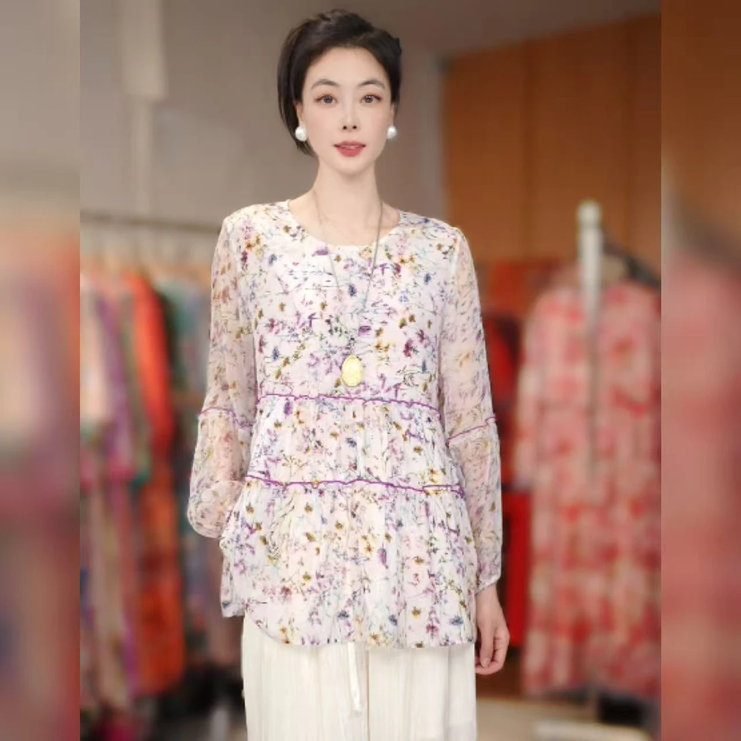 【多米拉】00726-4素底墨花宽松型薄款衬衫气质碎花上衣小衫