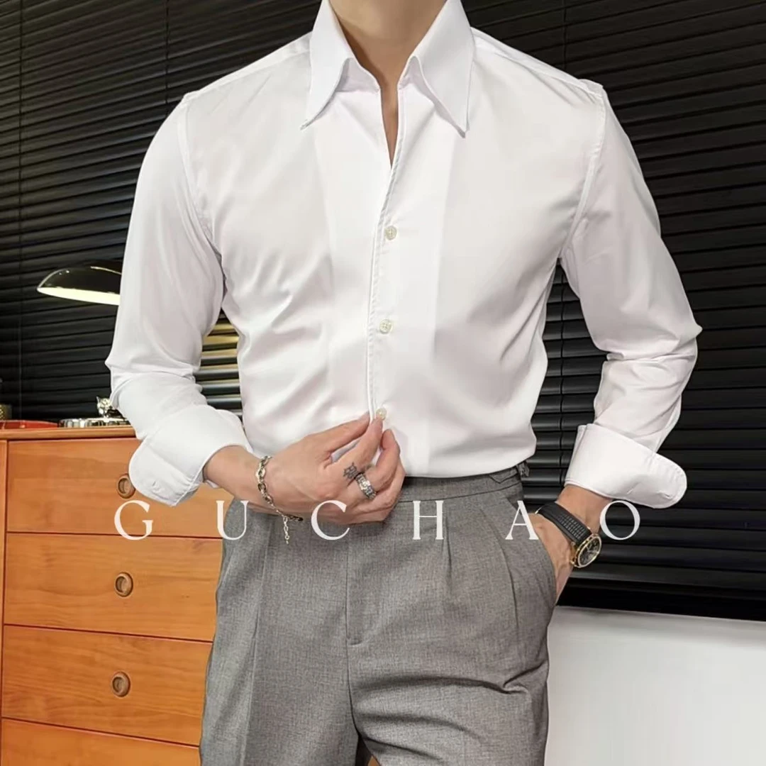 Gc-古潮】--上新-意式长尖扣领男士抗皱修身商务休闲百搭长袖衬衫