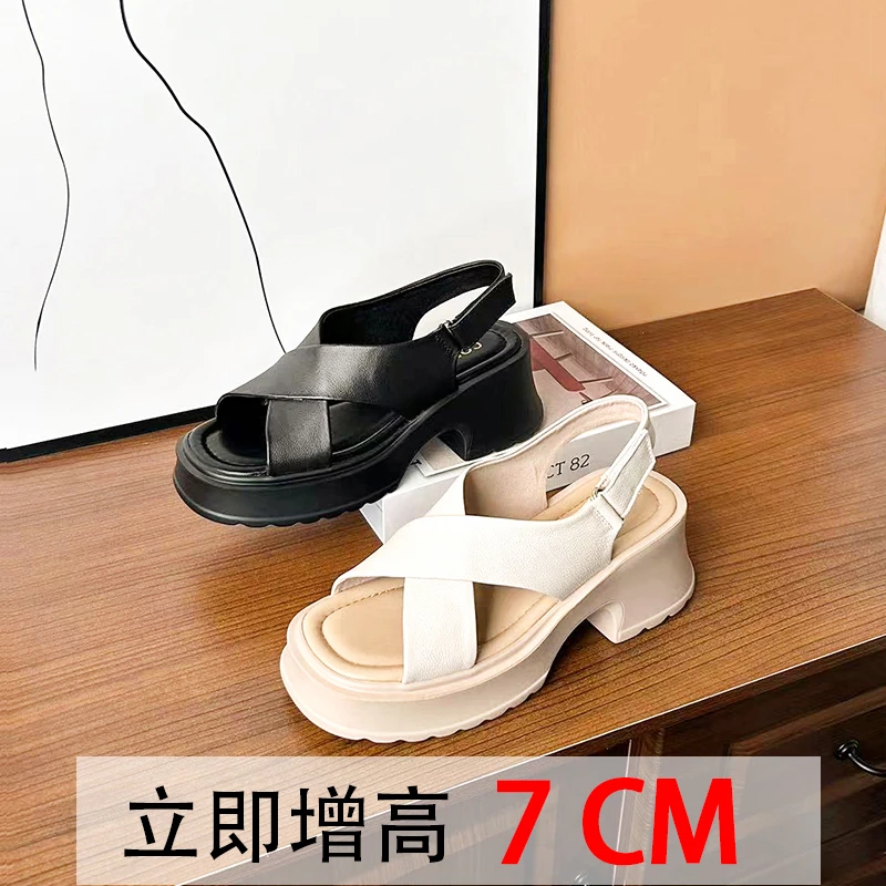 鱼嘴凉鞋女时尚休闲百搭夏季真皮外穿粗跟厚底高跟软底露趾女鞋